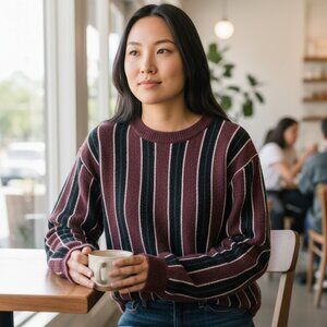RVCA Women's Medium Maroon Blue Black Stripe Stretchy Soft Sweater Southwest